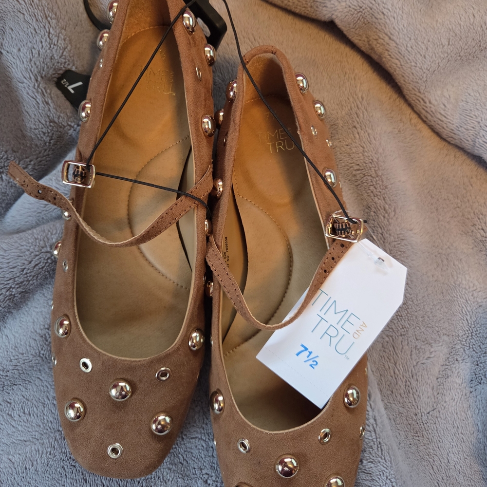 Time and Tru Tan Studded Mary Jane Flats with Ankle Strap